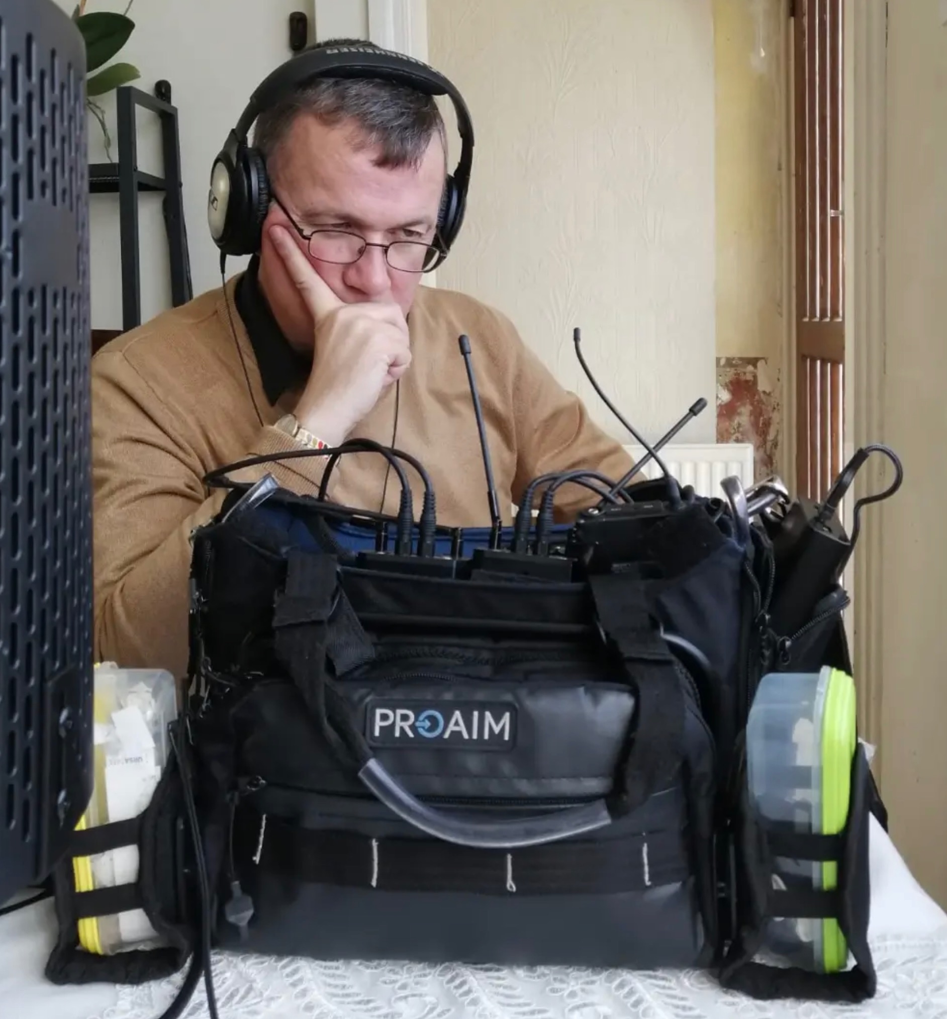 Martin Edwards with his production sound bag and equipment