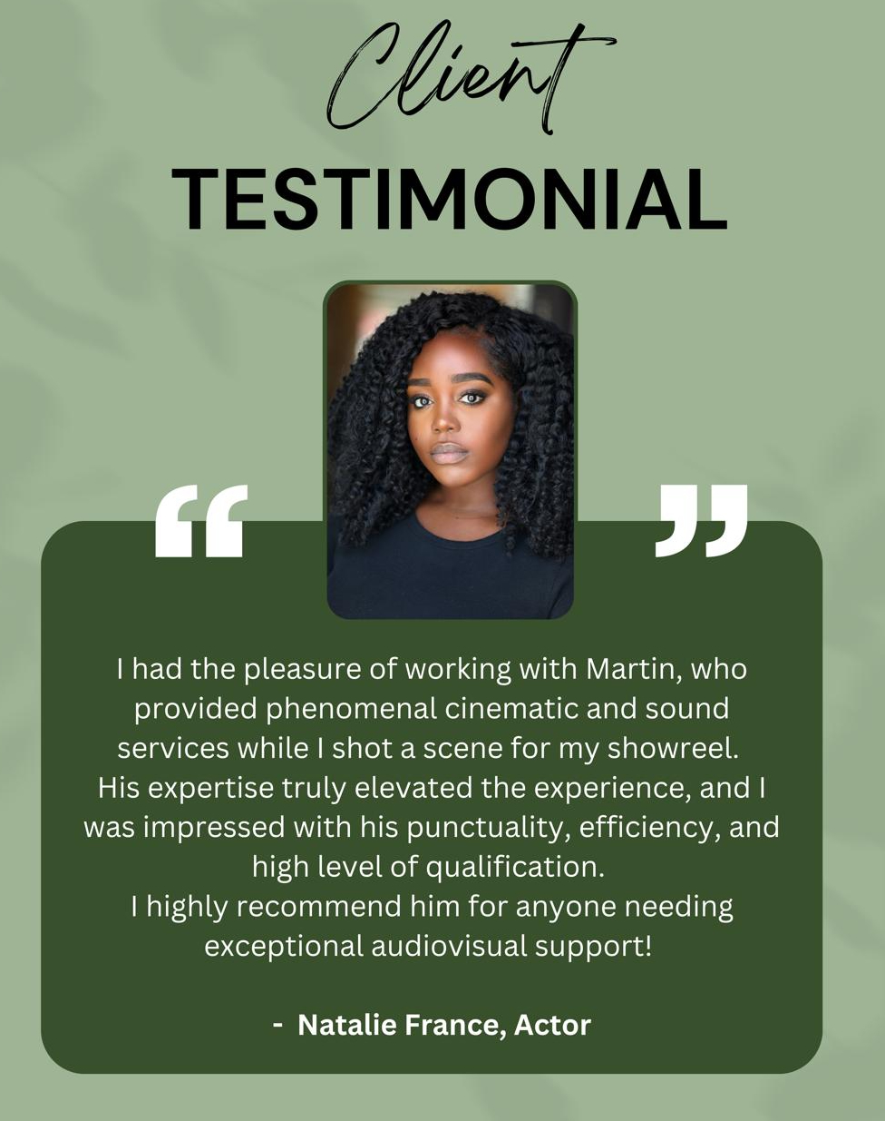 Client testimonial from actor Natalie France